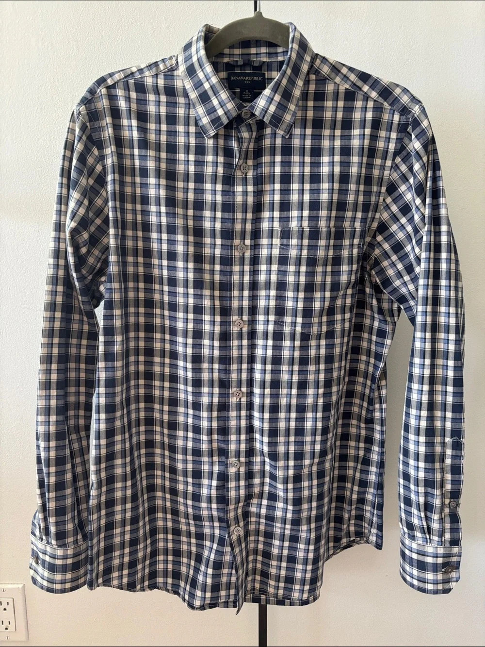 Banana Republic Navy and White Plaid Cotton Button-Down Shirt